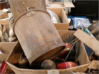 Box with misc. tins, old metal buckets
