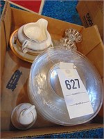 Box of plates, candle holders, bell (JIM)