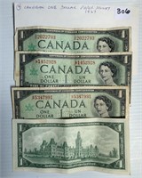 4 Canadian 1967 One Dollar Paper Money