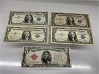 4 US Silver Certificates & 1 $5 Note