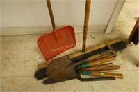 Broom, 3 pruners and shovels