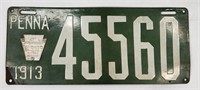 ANTIQUE 1913 PENNSYLVANIA PORCELAIN LICENSE PLATE