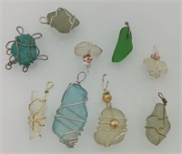 Wire wrapped sea glass pendants 9 pc