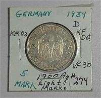 1934-D  German  5 Mark  VF-30   .4016 asw.