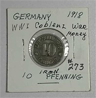 1918  German  10 pfenning  WWI  Coblenz  Iron