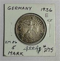 1937-E  German  5 Mark   XF-45   .4016 asw.