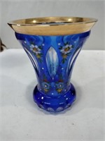 Bohemiam cobalt blue  hand painted vase