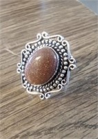 SIZE 6 GERMAN SILVER RED SUN STONE RING