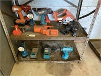 2 Shelves of Assorted Cordless Tools, Chargers etc