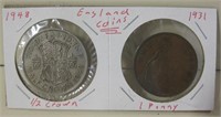 1931 & 1948 Half Crown & Penny England Coins