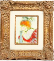 Art Vintage Framed Enamel on Copper Girl