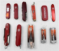 (11) Vintage Red Multi-Tool Pocket Knives