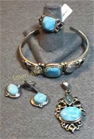 HE Sterling & Larimar Bracelet, Ring, Earrings &