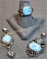 HE Sterling & Larimar, 2 Pendants, Ring