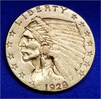 1928 US $2.50 Gold Indian Quarter Eagle Nice