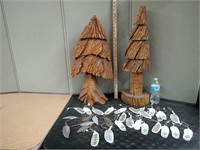 HAND CARVED PINE TREES AND WOOD & TIN FEATHERS