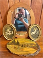 Vintage mirror wood lithograph and metal pictures