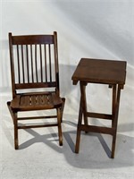 Vintage Wooden Child's Folding Chair and Folding T
