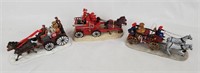 3 Christmas Village Firemen W/ Horse Wagons