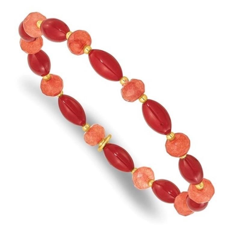 Sterling Silver Coral Jade Beaded Stretch Bracelet