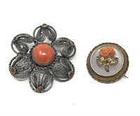 2 Victorian Pins SS & 14K Gold Rose Flower Brooch