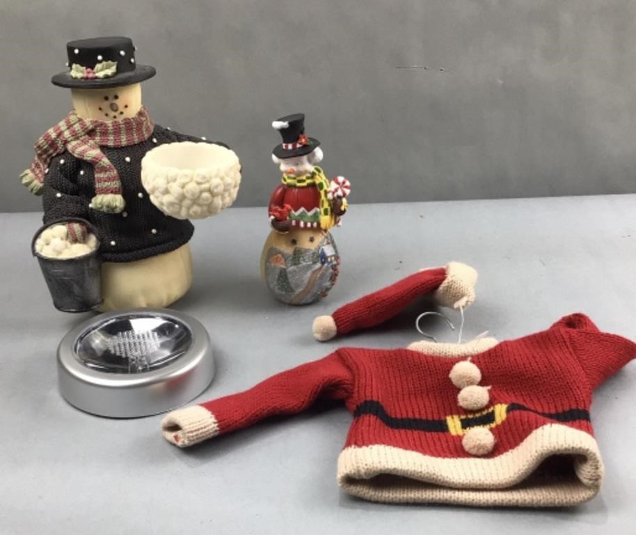 2 snowman figures, miniature Santa sweater, and