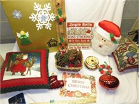 Lot: Christmas Decor, Pillows, Bulb, Signs & More