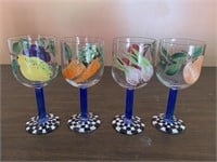 4 painted wine glasses - fruit and veggie