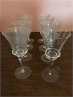 8 vintage footed etched crystal wine glasses
