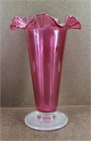 Cranberry Crimped Ruffled Blown Glass Vase