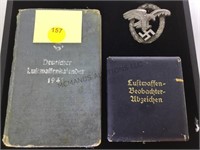 Nazi  lluftwaffe pins & book, poss. Repro