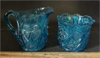 VINTAGE AQUA BLUE GLASS-CREAM & SUGAR DISH