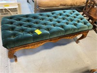 47" LONG GREEN UPHOLSTERED, CARVED WOOD FLOWER