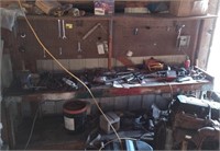8' Wooden Workbench w/contents-wrenches, lights,