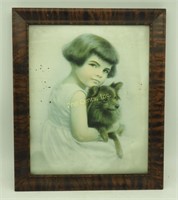 Old Picture Of Little Girl W/ Dog Portrait Framed