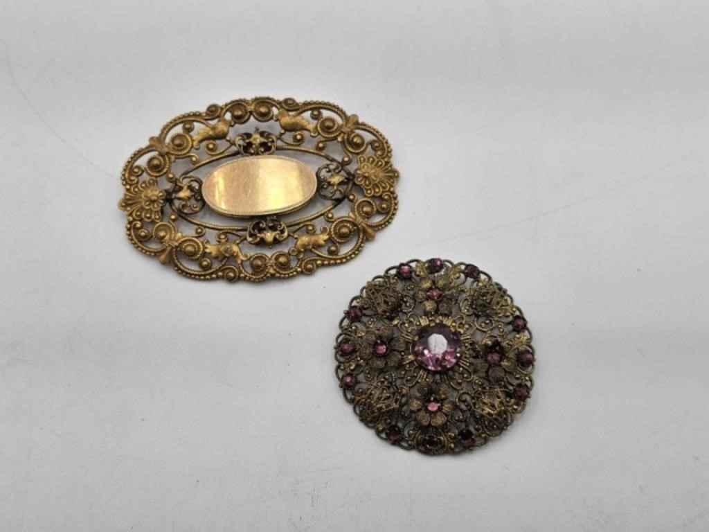 2 VICTORIAN BROOCHES - 2" X 3"