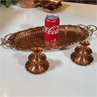 COPPER TRAY AND CANDLE HOLDERS