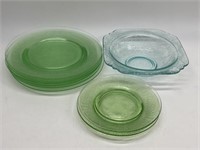10- Depression Glass: 8-Green Plates & 1-Blue Bowl
