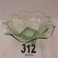 GREEN GLASS FOOTED FRUIT BOWL 11 IN