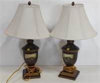 Lovely Pair Country Scene Lamps