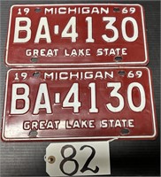 Matching Set Mighigan 1969 License Plates