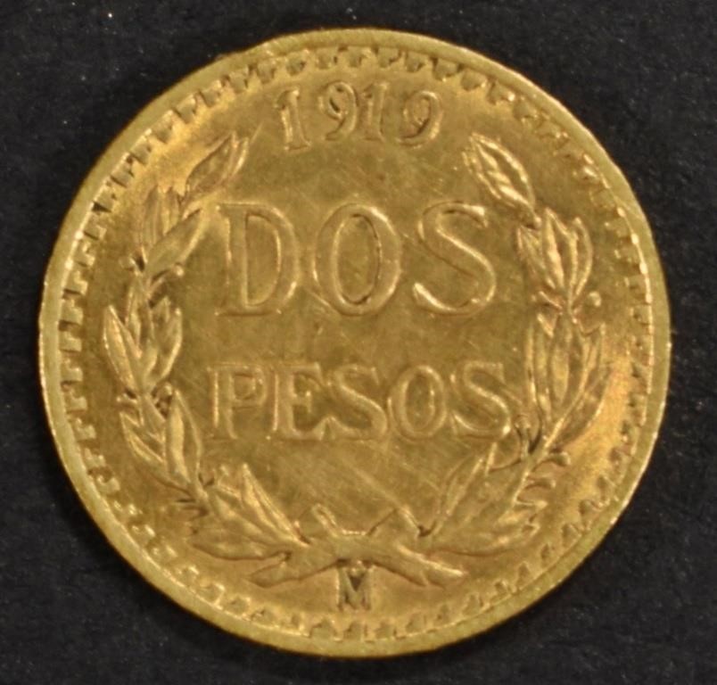 1919 MEXICO 2 PESO GOLD