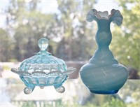 Opalescent Aqua Lidded Jar & Cased Glass Vase