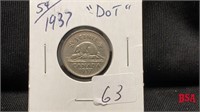 1937 DOT 5 cent Canadian coin