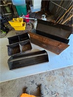 Metal toolbox and two plastic trays