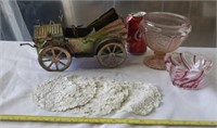 Tin Model Car, Glassware and Doilies