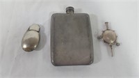 ANTIQUE SILVER FLASK, LIGHTER & WHISTLE