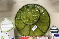 LARGE DIVIDED GREEN PRESSED GLASS EGG PLATE