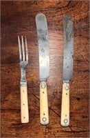 C. 1860 Bone Handle Knives & 3 Tine Fork