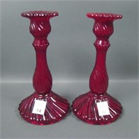 Two Ruby Red Spiral Twist Candlesticks